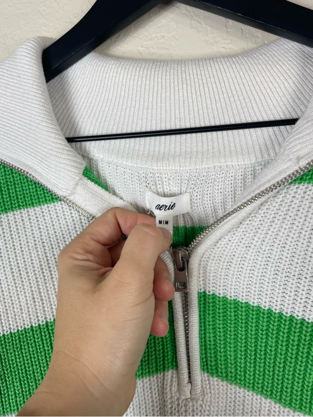 Aerie Beyond Quarter Zip Varsity Striped Polo Sweater Green Size Medium - Picture 6 of 7